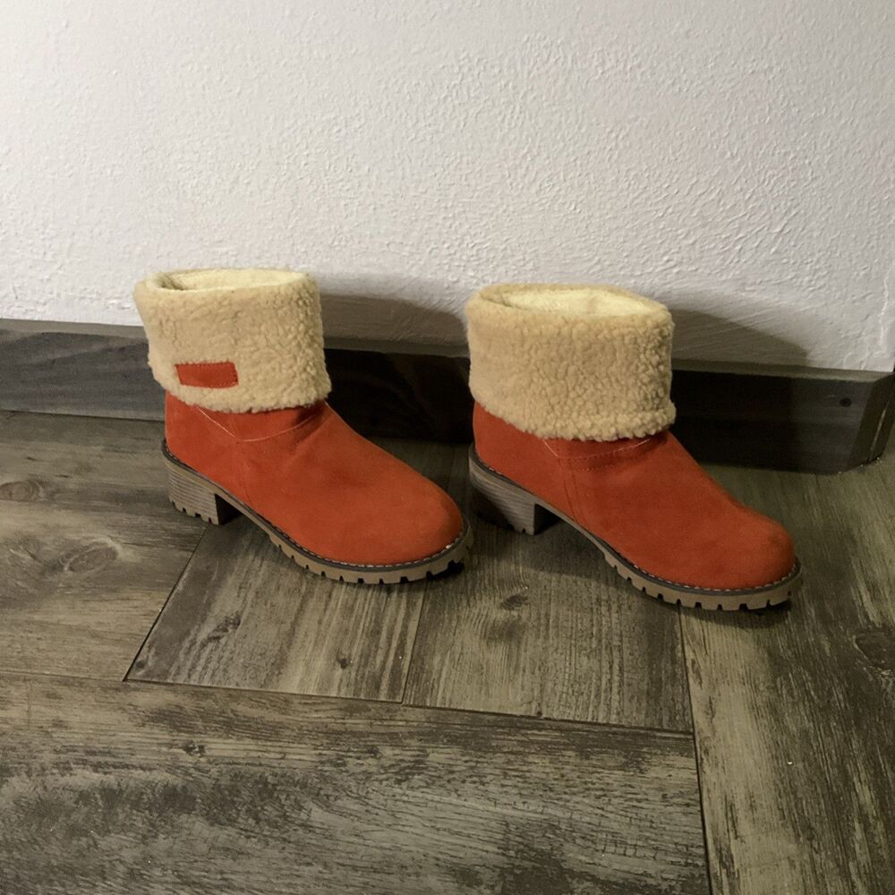 JBU by Jambu Shelly Suede Sherpa Cuff  Ankle Boots  8 Orange Memory Foam